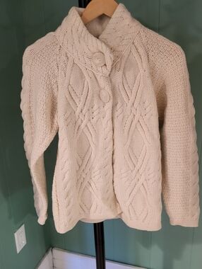 Aran Crafts Cream Cable Knit, Merino Wool Cardigan, SM